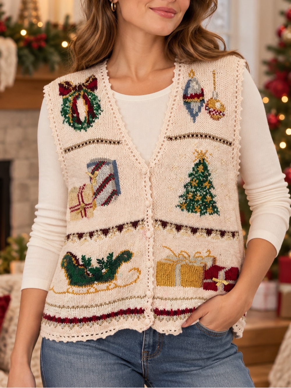 Vintage 90s Heirloom Collectibles Christmas Sweater Vest Size L/XL